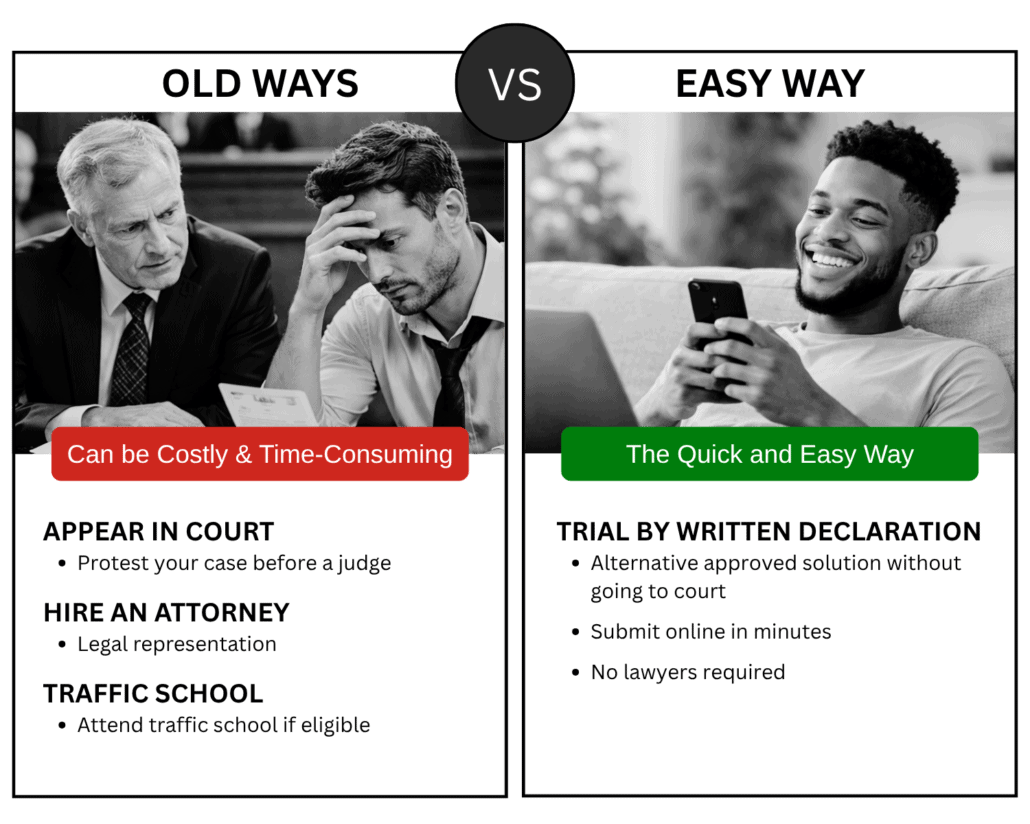 A comparison of traditional traffic ticket options and Trial by Written Declaration for fighting a ticket in California